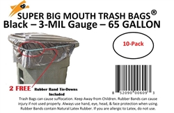Super Big Mouth Trash BagsÂ® 65 Gallon Large Size Plus 2 FREE Rubber Band Tie Down - Black Bags - 10ct
